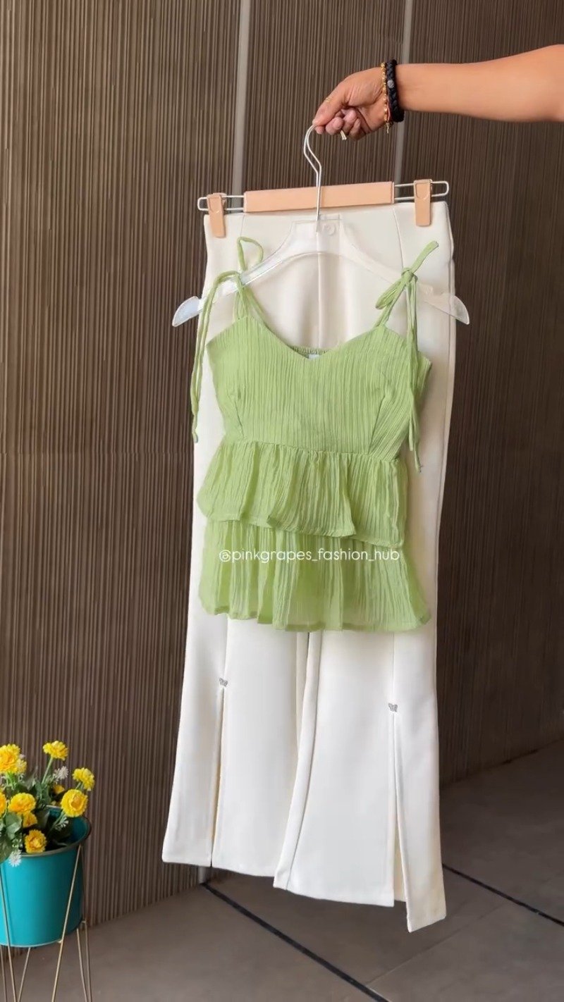 Chic Pleated Tiered Cami Top and Slit Trousers Co-ord Set β Available in Vibrant Pink, Pastel Blue, Sunny Yellow & Sage Green - Image 4