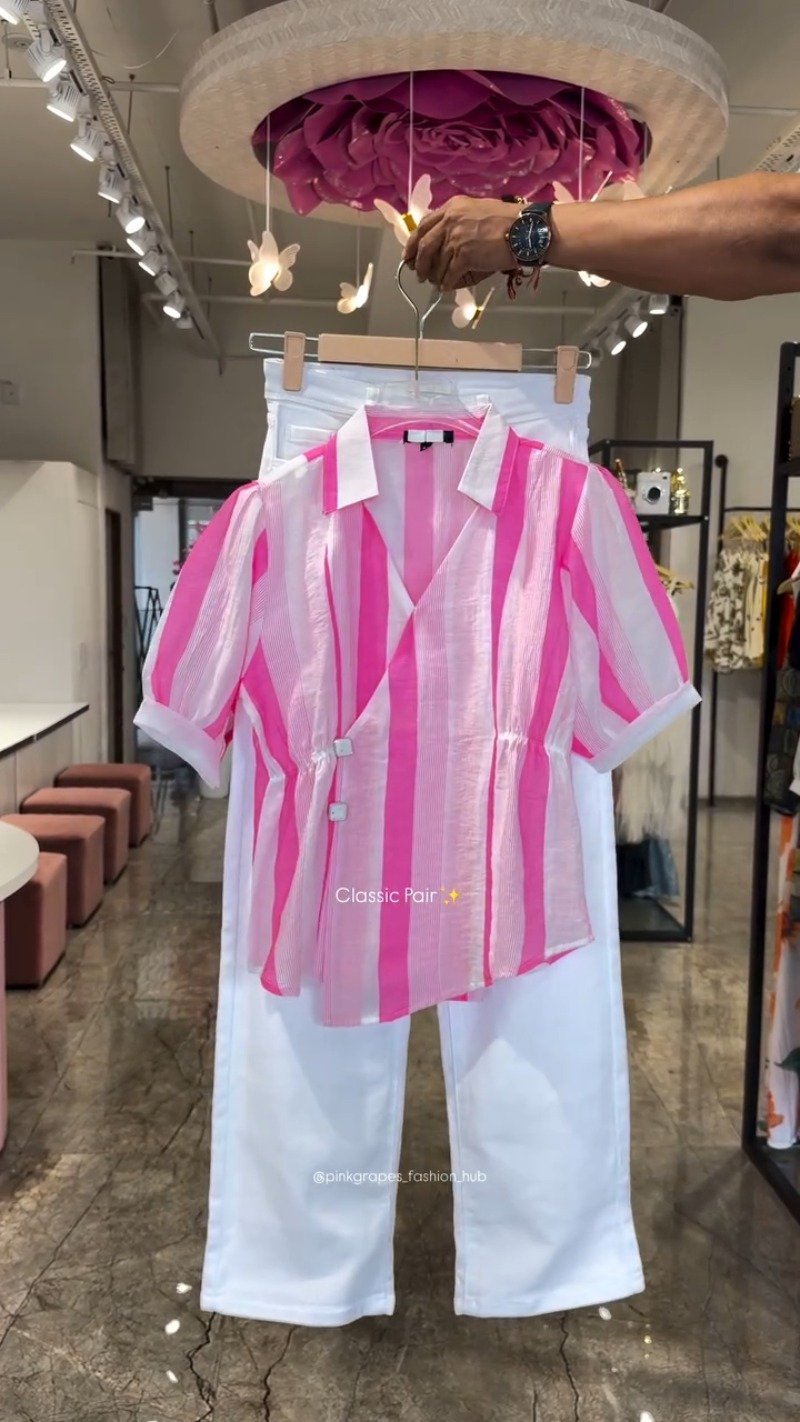 Classic Striped Wrap-Front Co-ord Set with Tapered Trousers โ Available in Pink, Blue & Lime Green