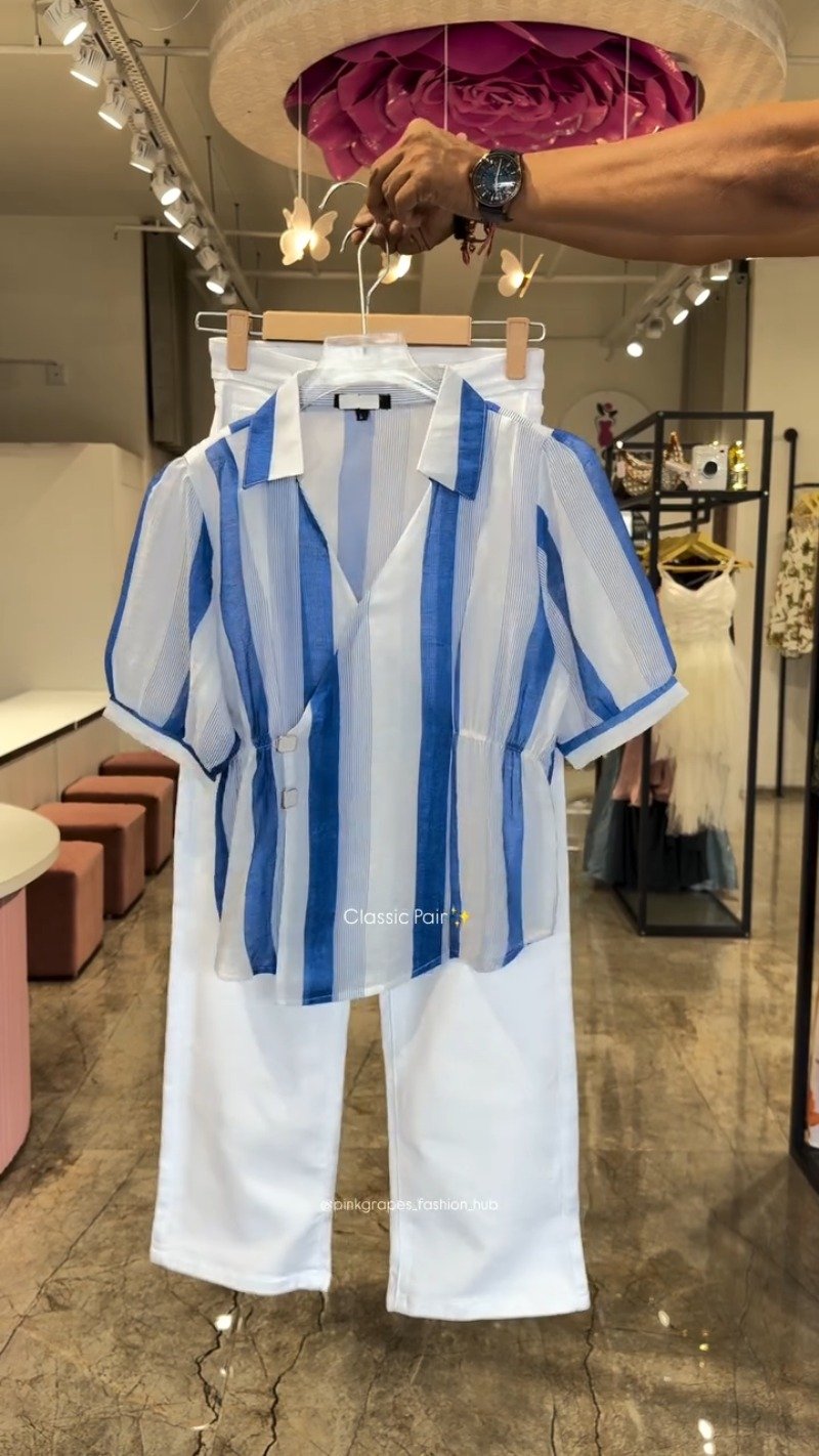 Classic Striped Wrap-Front Co-ord Set with Tapered Trousers โ Available in Pink, Blue & Lime Green - Image 2