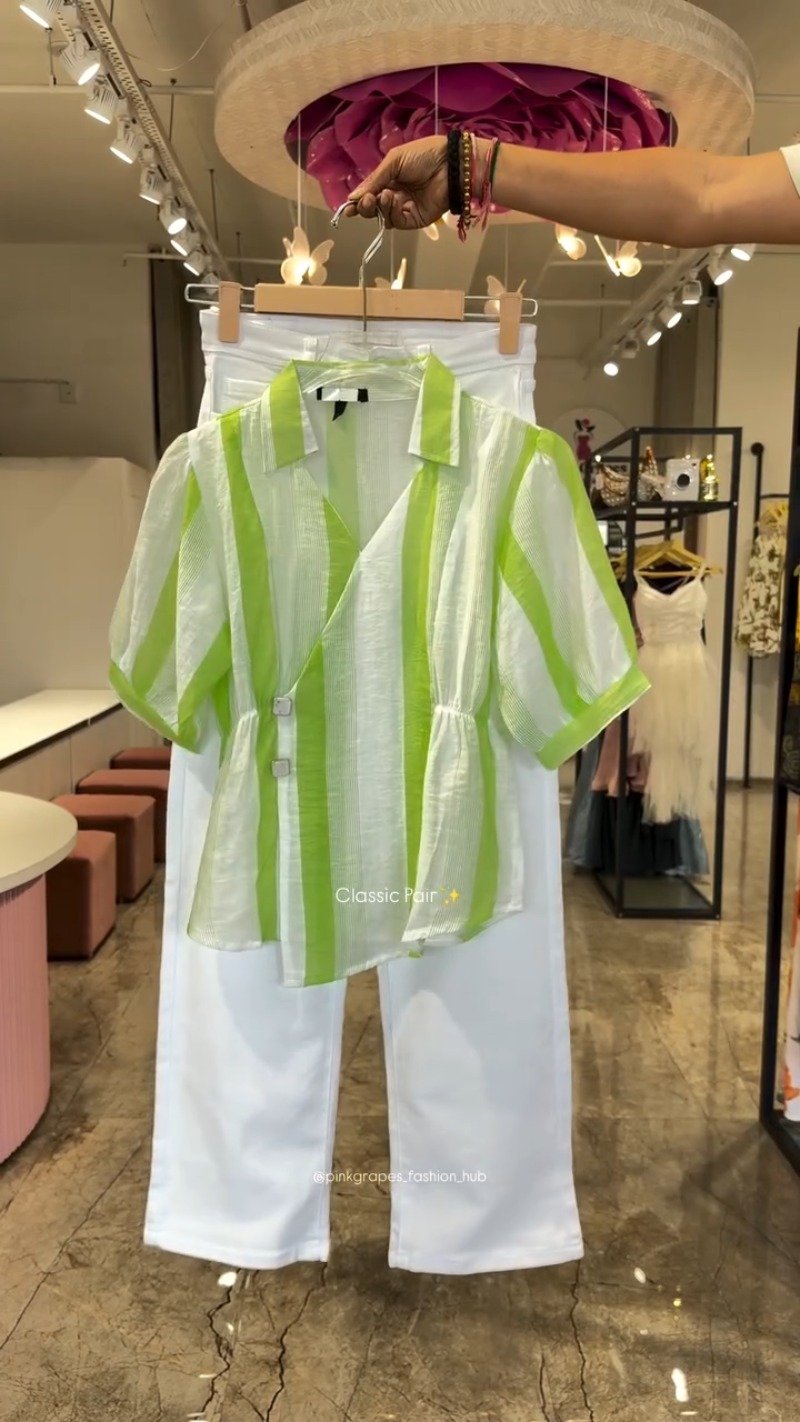Classic Striped Wrap-Front Co-ord Set with Tapered Trousers โ Available in Pink, Blue & Lime Green - Image 3