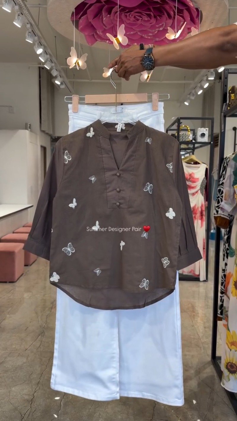 Butterfly Embroidered Cotton Kurta Set โ Available in Lime, Hot Pink, Mocha Brown, Navy Blue & Orchid Purple - Image 3