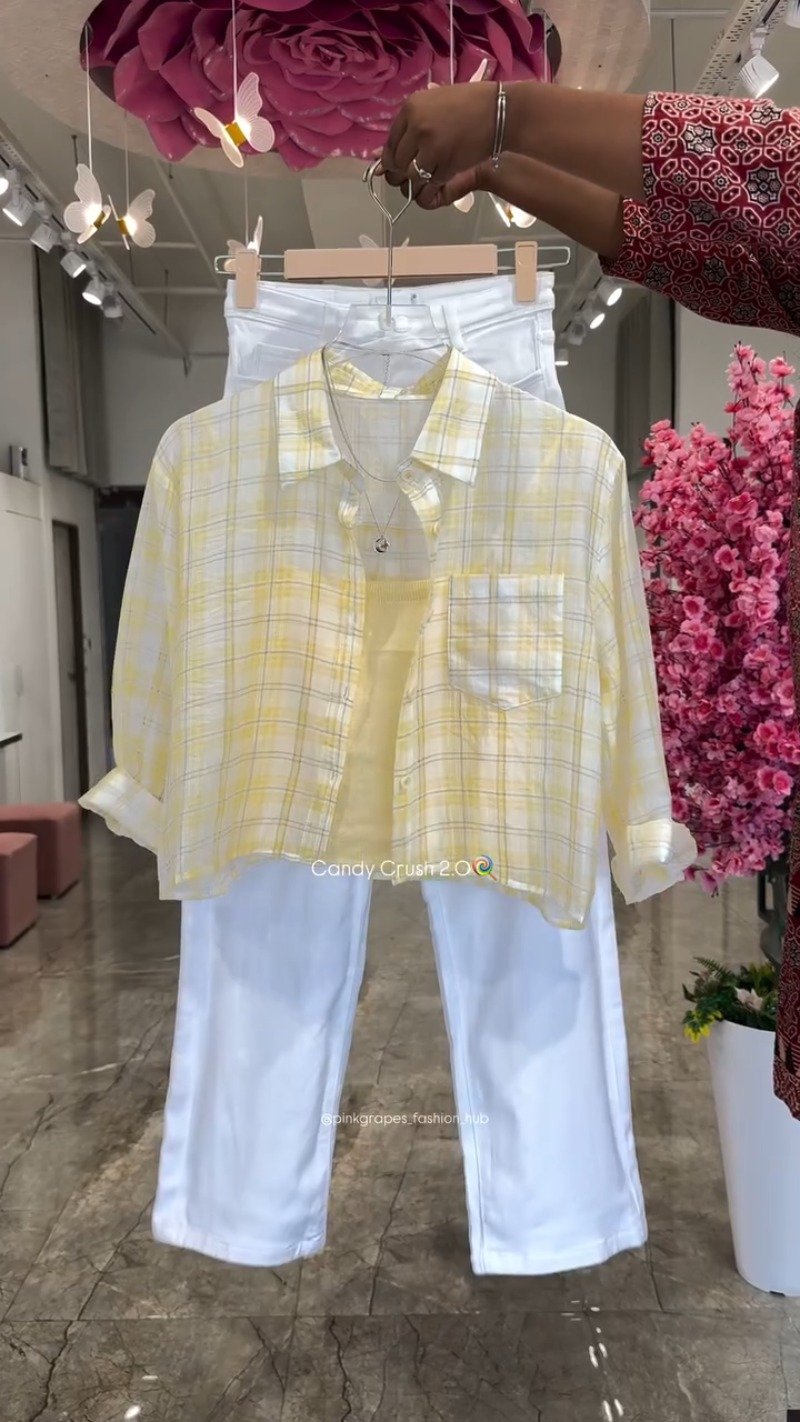 Pastel Plaid Layered Coord Set with White Trousers โ Available in Pink, Blue, Yellow & Mint - Image 4
