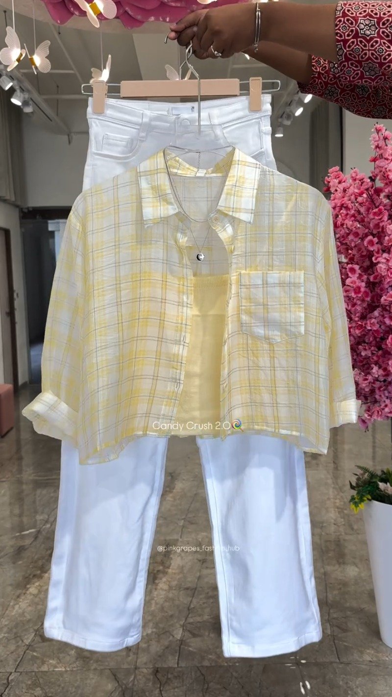 Pastel Plaid Layered Coord Set with White Trousers โ Available in Pink, Blue, Yellow & Mint - Image 5