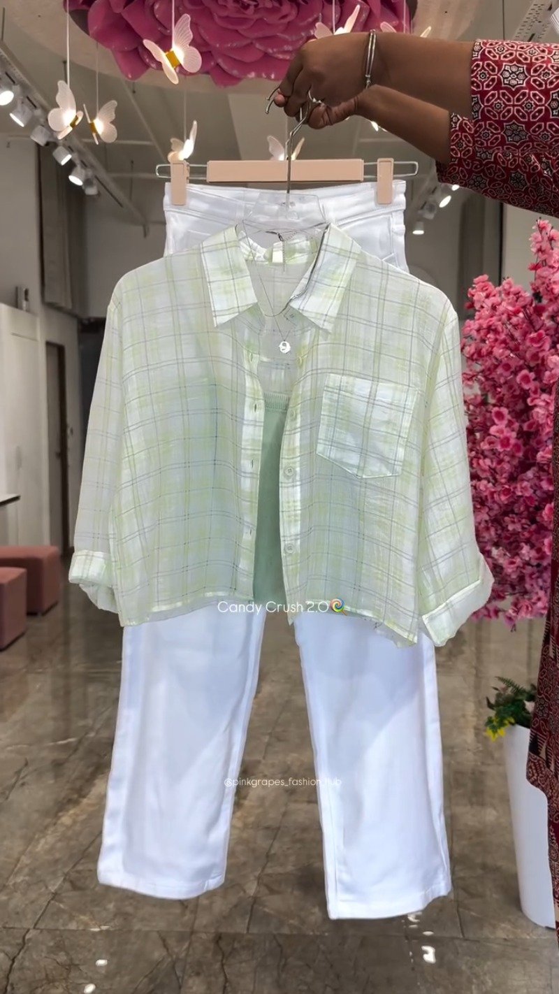 Pastel Plaid Layered Coord Set with White Trousers โ Available in Pink, Blue, Yellow & Mint - Image 6