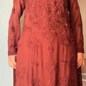 Rust Maroon Hand-Embroidered Chiffon Chikankari Kurta – Elegance in Monochrome
