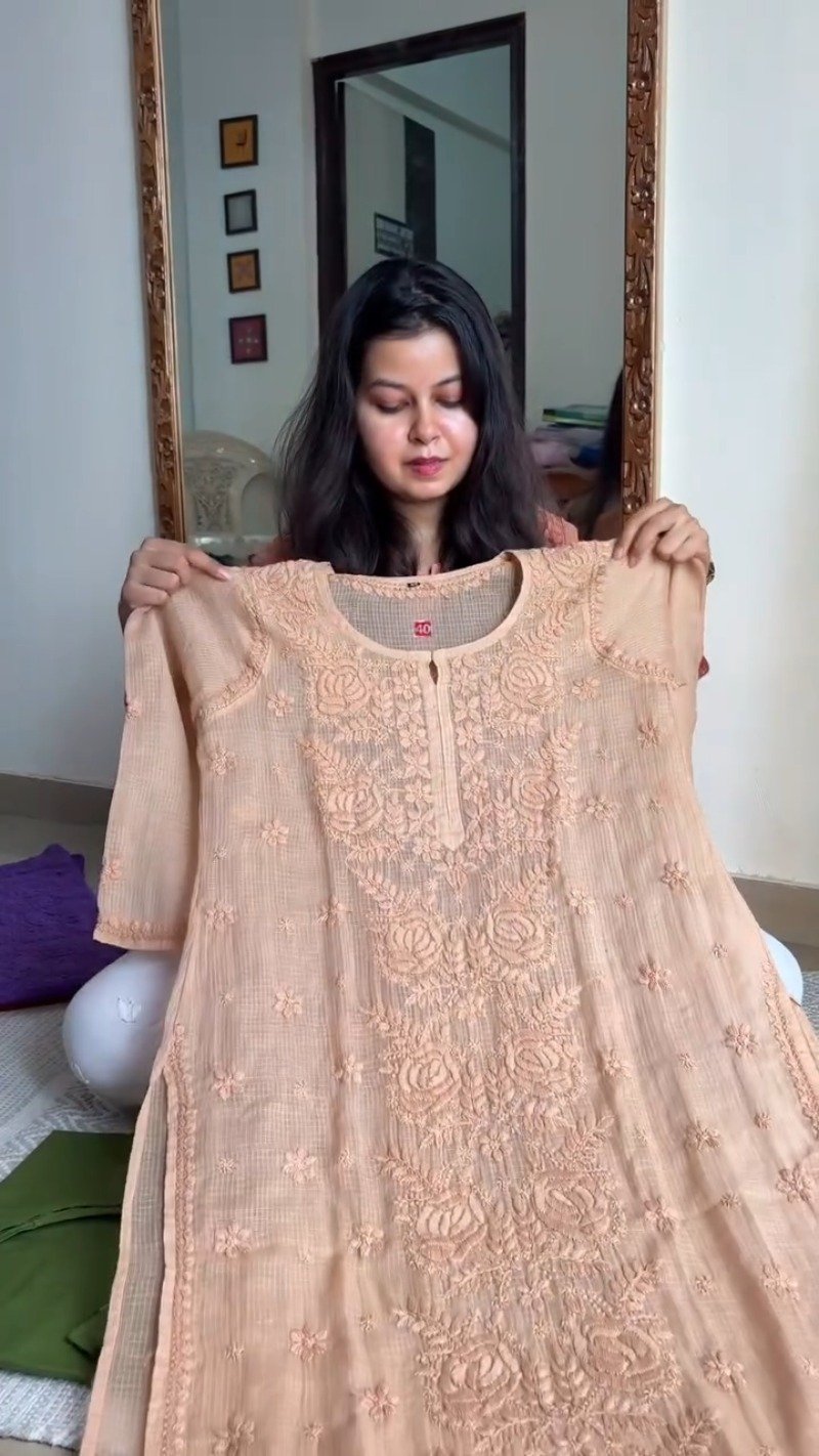 Elegant Chikankari Hand-Embroidered Kurta β Available in Peach, Crimson Red & Pastel Pink