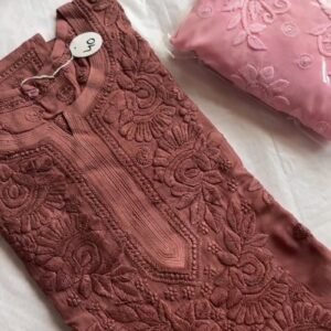 Exquisite Lucknowi Chikankari Hand-Embroidered Kurta – Available in Dusty Rose, Peach & Terracotta
