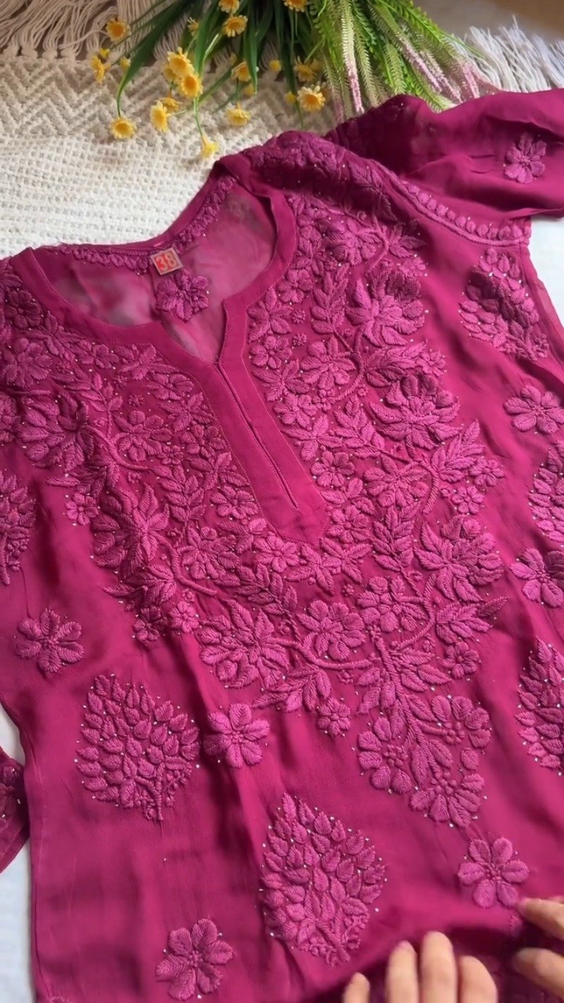 Chikankari Elegance Hand-Embroidered Georgette Kurta โ Available in Plum, Black & Rust Orange