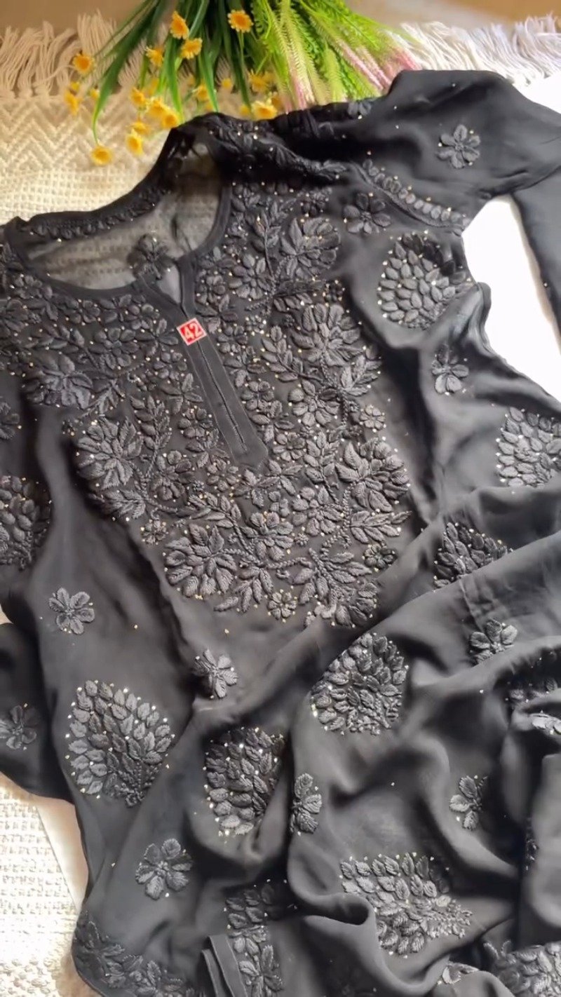 Chikankari Elegance Hand-Embroidered Georgette Kurta โ Available in Plum, Black & Rust Orange - Image 2