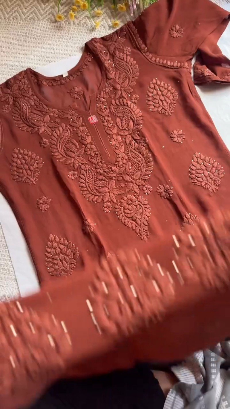 Chikankari Elegance Hand-Embroidered Georgette Kurta โ Available in Plum, Black & Rust Orange - Image 3