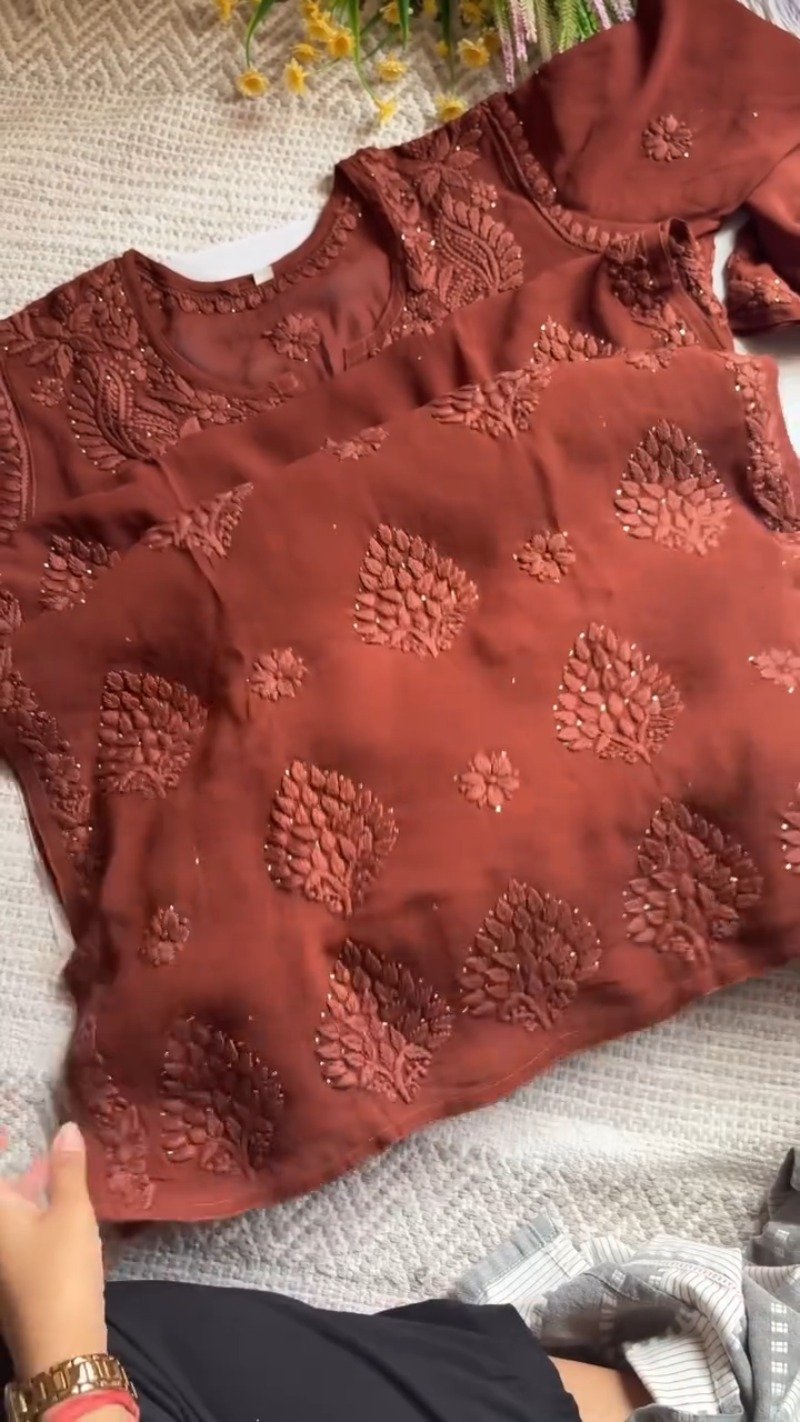 Chikankari Elegance Hand-Embroidered Georgette Kurta โ Available in Plum, Black & Rust Orange - Image 4
