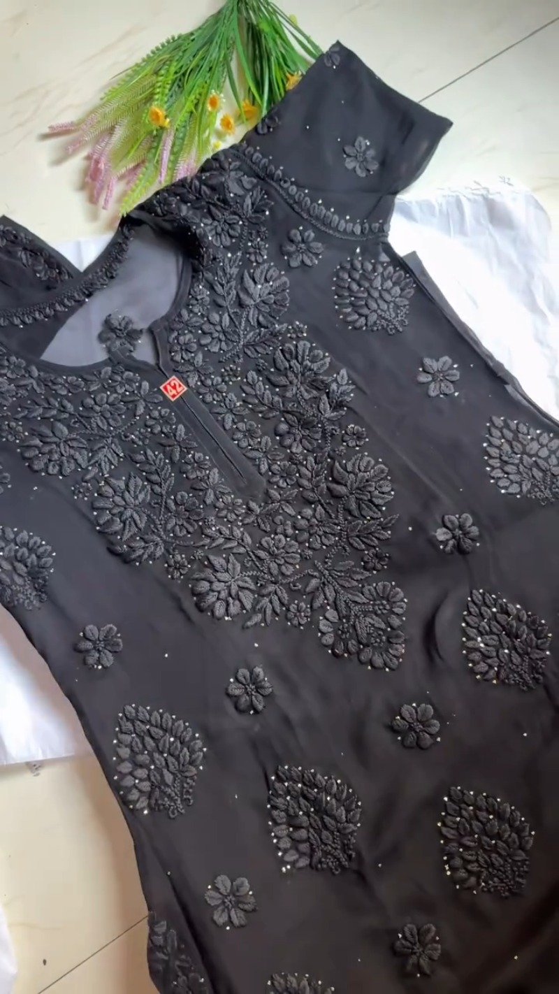 Chikankari Elegance Hand-Embroidered Georgette Kurta โ Available in Plum, Black & Rust Orange - Image 5