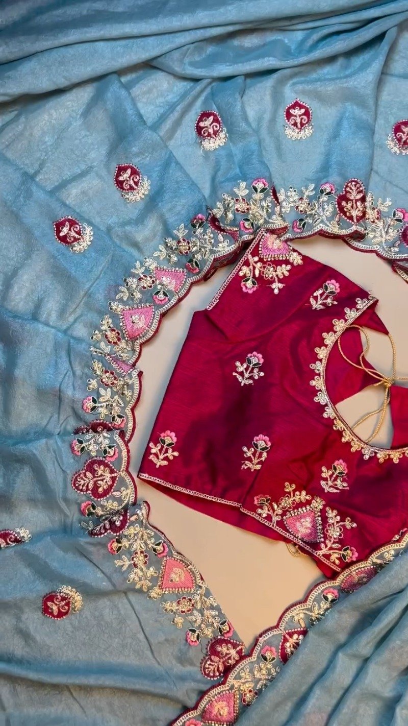 Celestial Azure Silk Saree with Intricate Velvet-Accented Embroidery – Paired with Deep Magenta Blouse