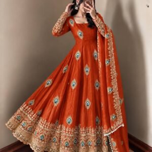 Royal Rust Peacock Anarkali Suit Set with Embroidered Dupatta