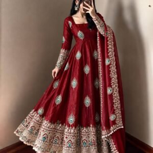 Royal Crimson Red Peacock Anarkali Suit Set with Embroidered Dupatta