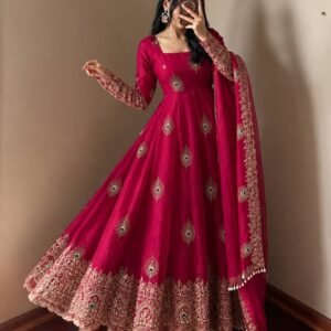 Royal Magenta Pink Peacock Anarkali Suit Set with Embroidered Dupatta
