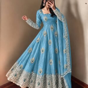 Royal Sky Blue Peacock Anarkali Suit Set with Embroidered Dupatta