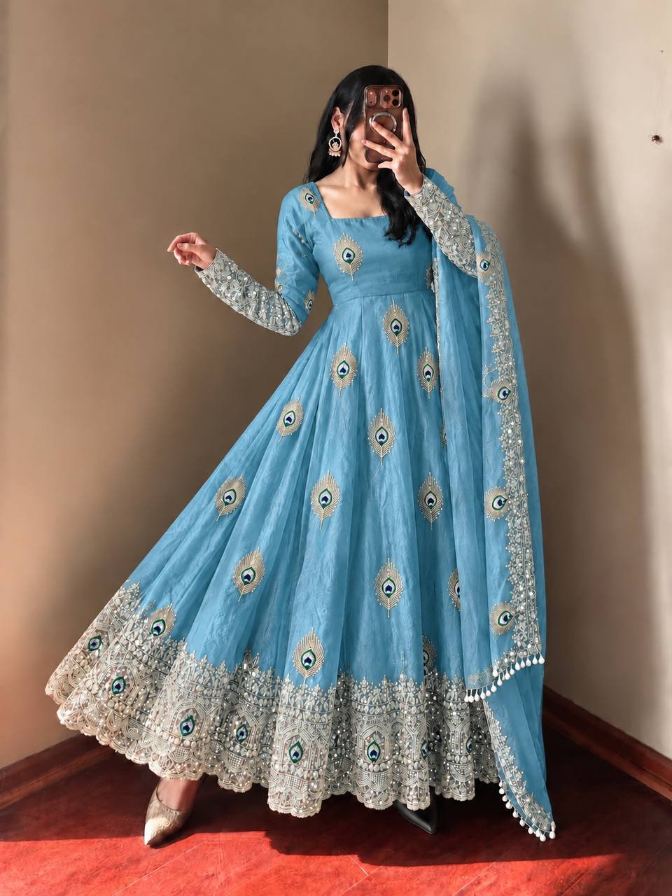 Royal Sky Blue Peacock Anarkali Suit Set with Embroidered Dupatta