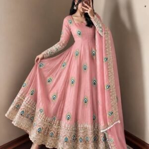 Royal Soft Pink Peacock Anarkali Suit Set with Embroidered Dupatta