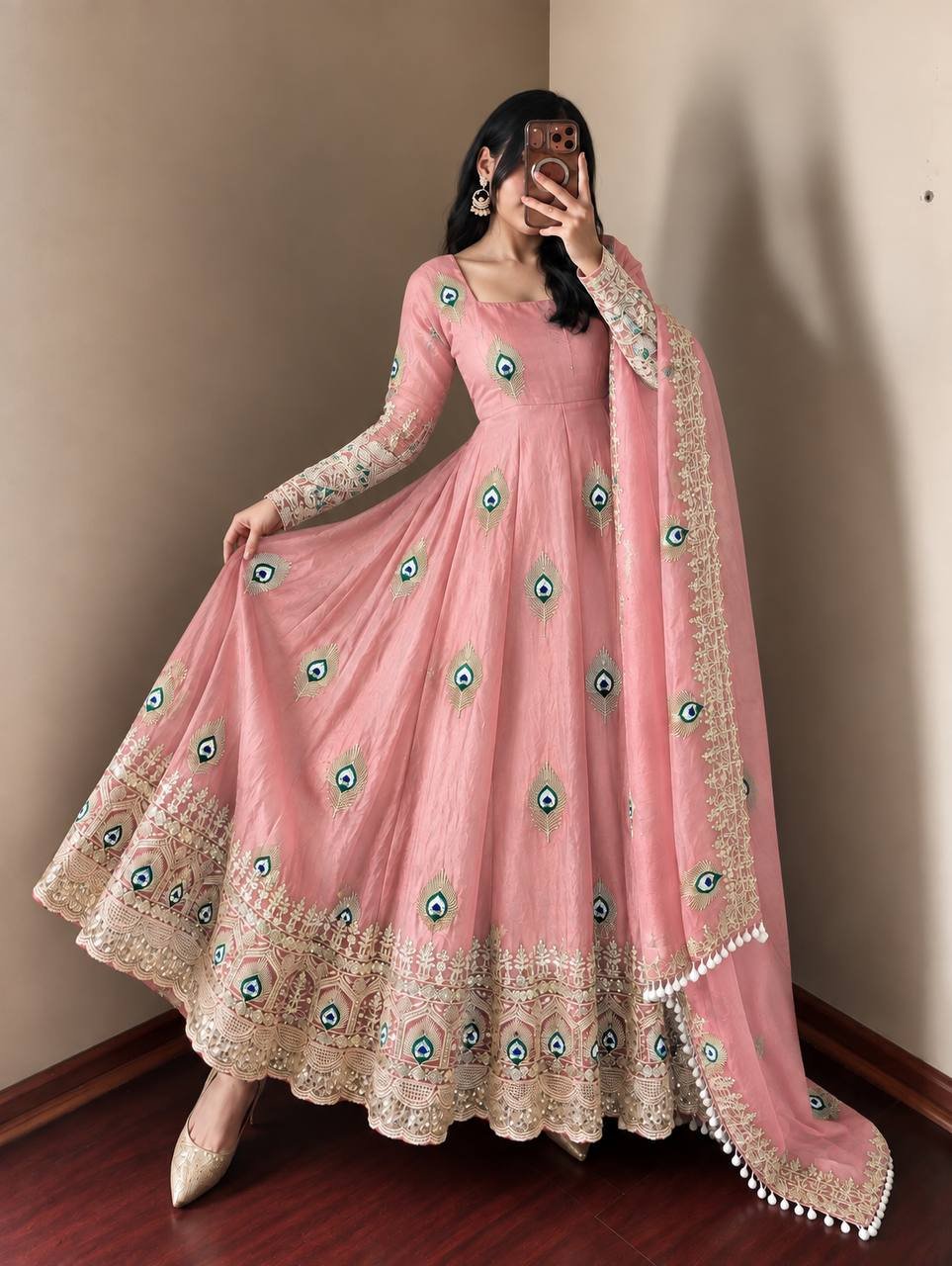 Royal Soft Pink Peacock Anarkali Suit Set with Embroidered Dupatta
