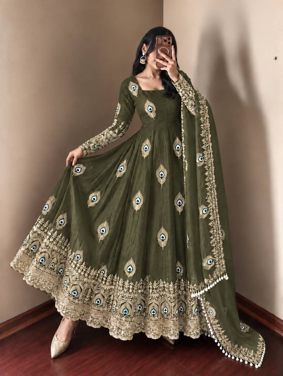 Regal Olive Green Peacock Anarkali Suit Set with Embroidered Dupatta - Image 5