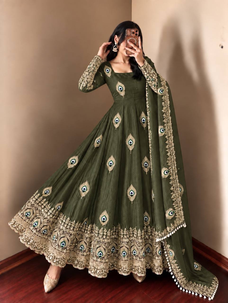 Regal Olive Green Peacock Anarkali Suit Set with Embroidered Dupatta - Image 4