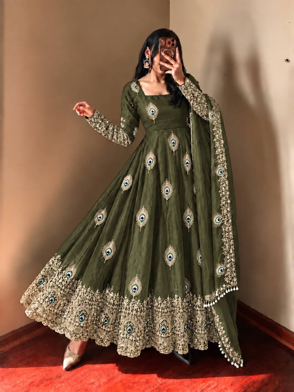 Regal Olive Green Peacock Anarkali Suit Set with Embroidered Dupatta - Image 3