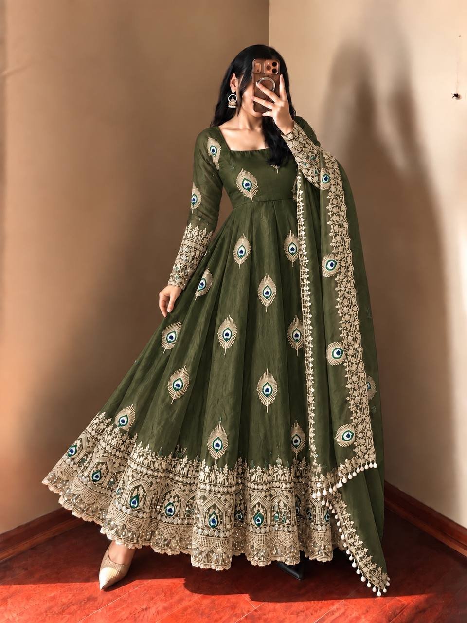 Regal Olive Green Peacock Anarkali Suit Set with Embroidered Dupatta - Image 2