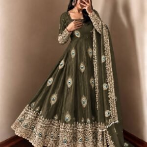 Regal Olive Green Peacock Anarkali Suit Set with Embroidered Dupatta