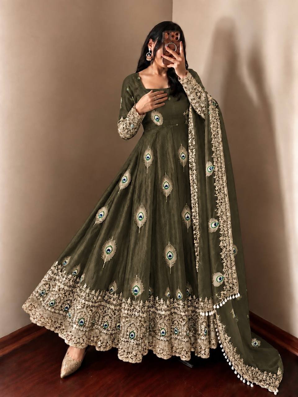 Regal Olive Green Peacock Anarkali Suit Set with Embroidered Dupatta