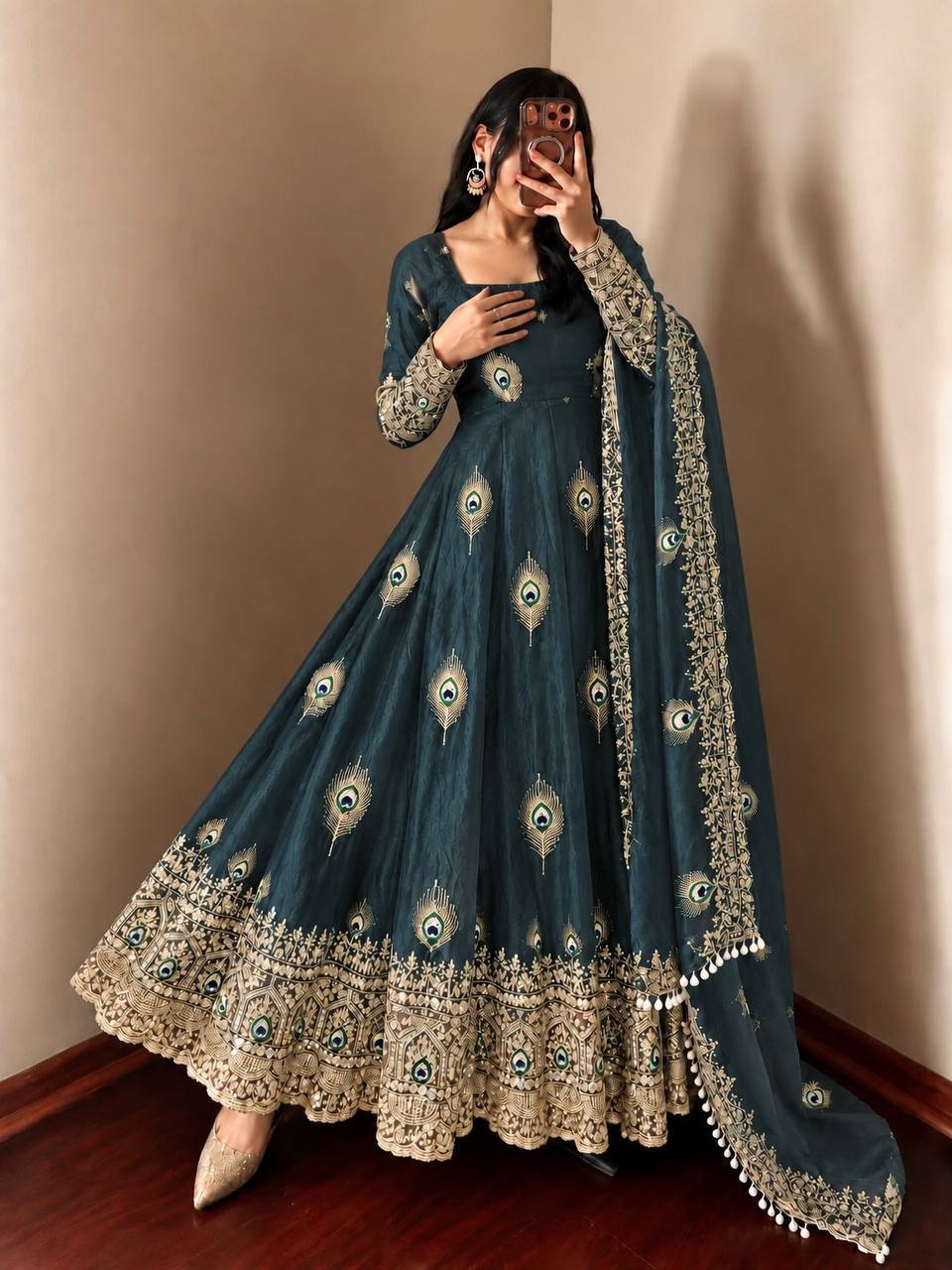 Royal Teal Blue Peacock Anarkali Suit Set with Embroidered Dupatta - Image 5