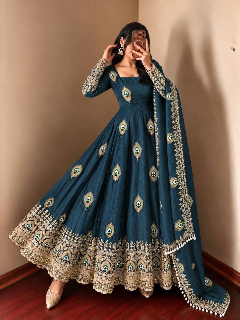 Royal Teal Blue Peacock Anarkali Suit Set with Embroidered Dupatta - Image 4