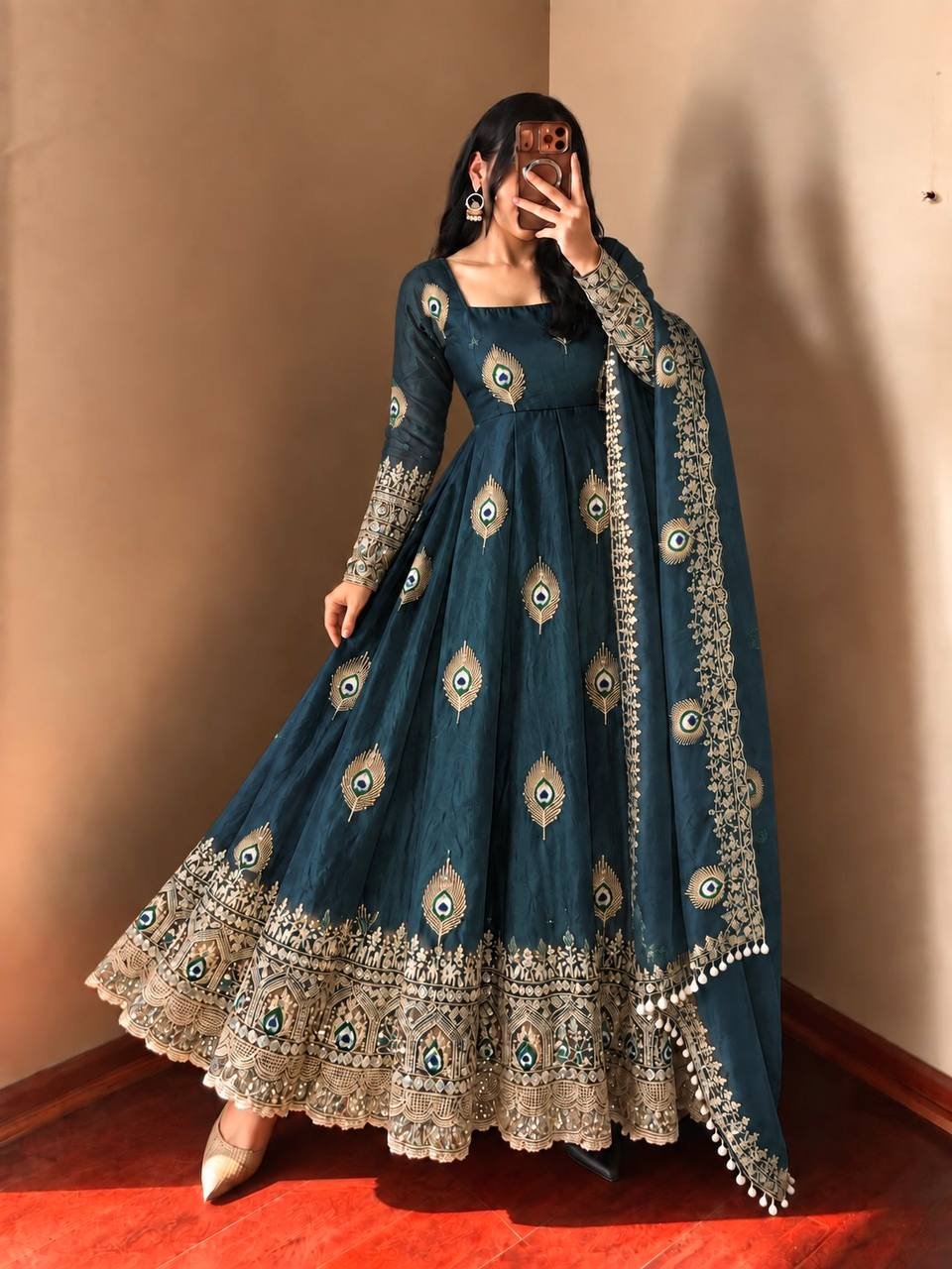 Royal Teal Blue Peacock Anarkali Suit Set with Embroidered Dupatta - Image 3
