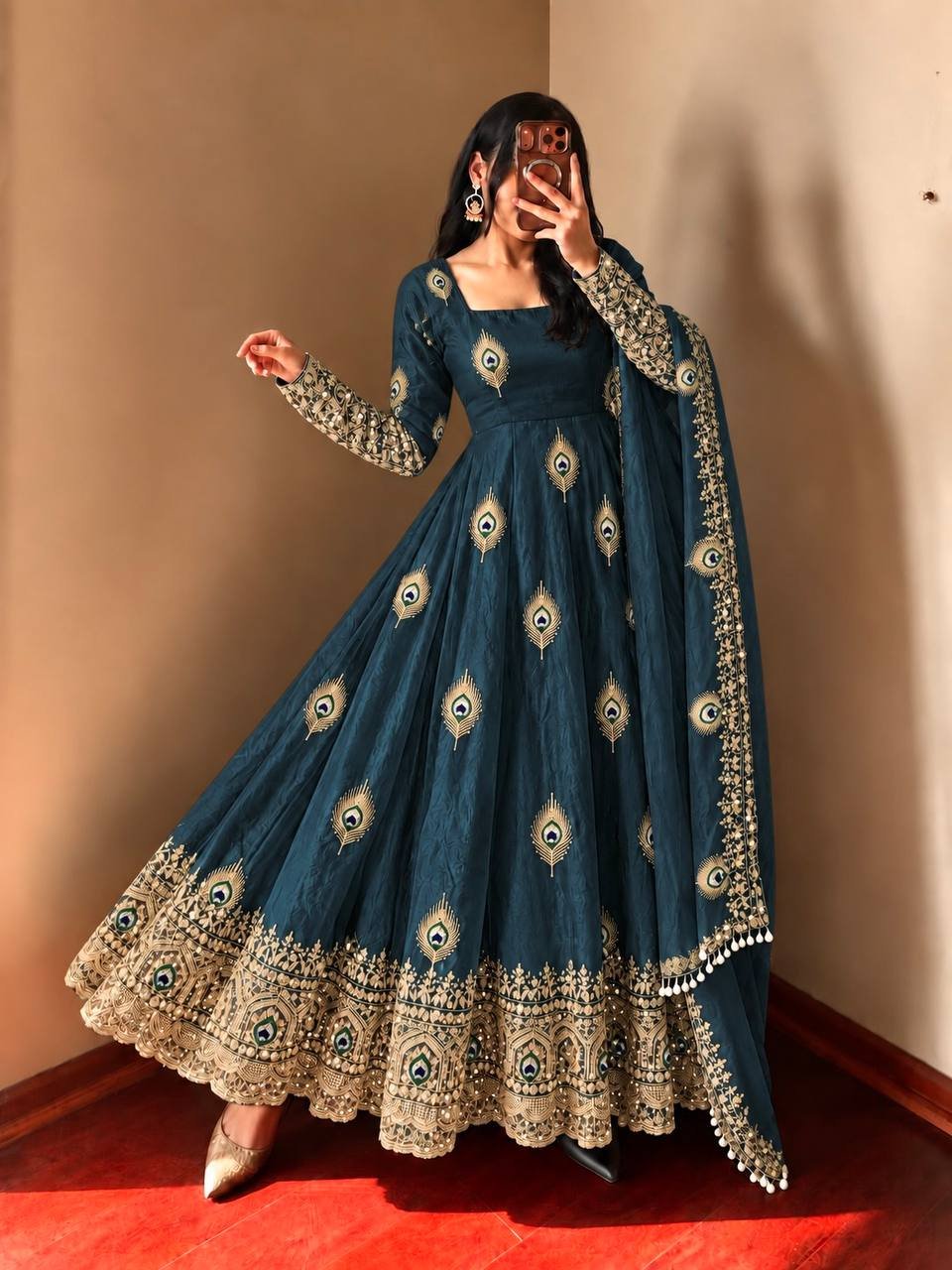 Royal Teal Blue Peacock Anarkali Suit Set with Embroidered Dupatta - Image 2