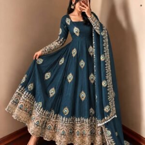 Royal Teal Blue Peacock Anarkali Suit Set with Embroidered Dupatta