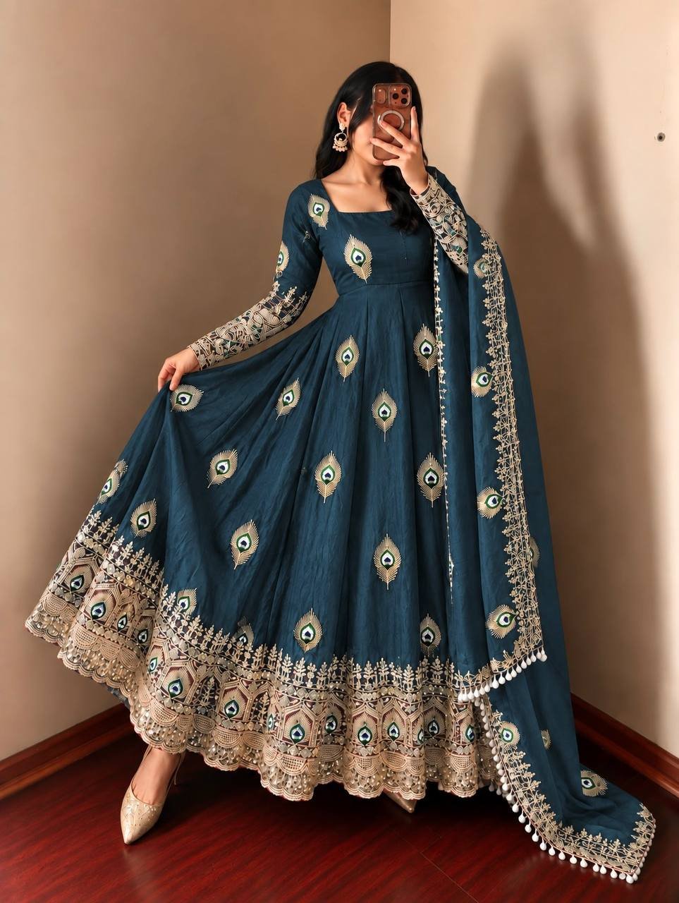 Royal Teal Blue Peacock Anarkali Suit Set with Embroidered Dupatta