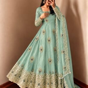 Royal Mint Green Peacock Anarkali Suit Set with Embroidered Dupatta