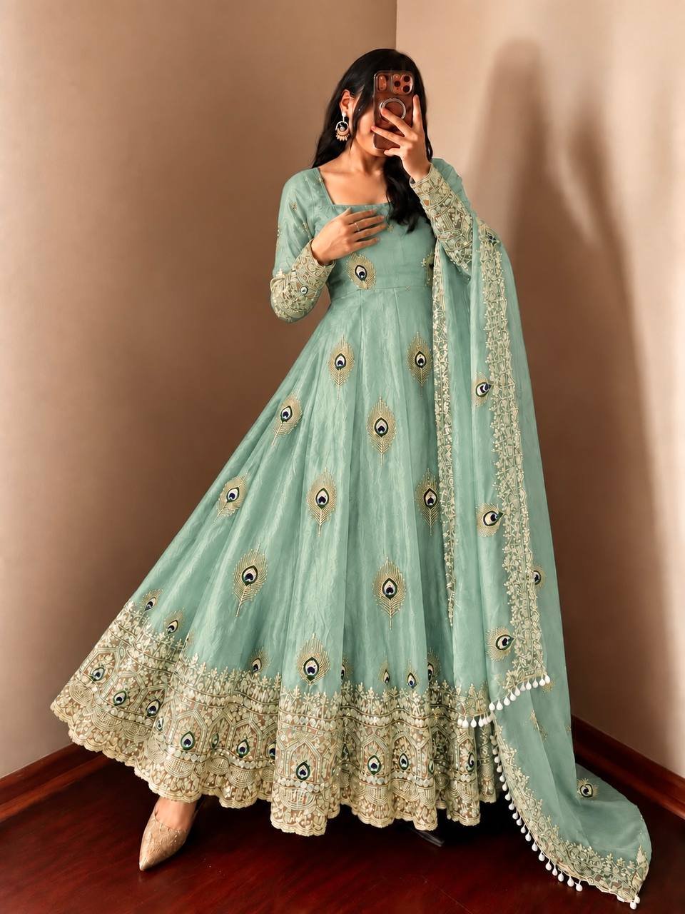 Royal Mint Green Peacock Anarkali Suit Set with Embroidered Dupatta