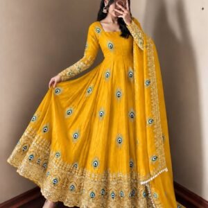 Radiant Mustard Yellow Peacock Anarkali Suit Set with Embroidered Dupatta