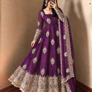 Royal Purple Peacock Anarkali Suit Set with Embroidered Dupatta