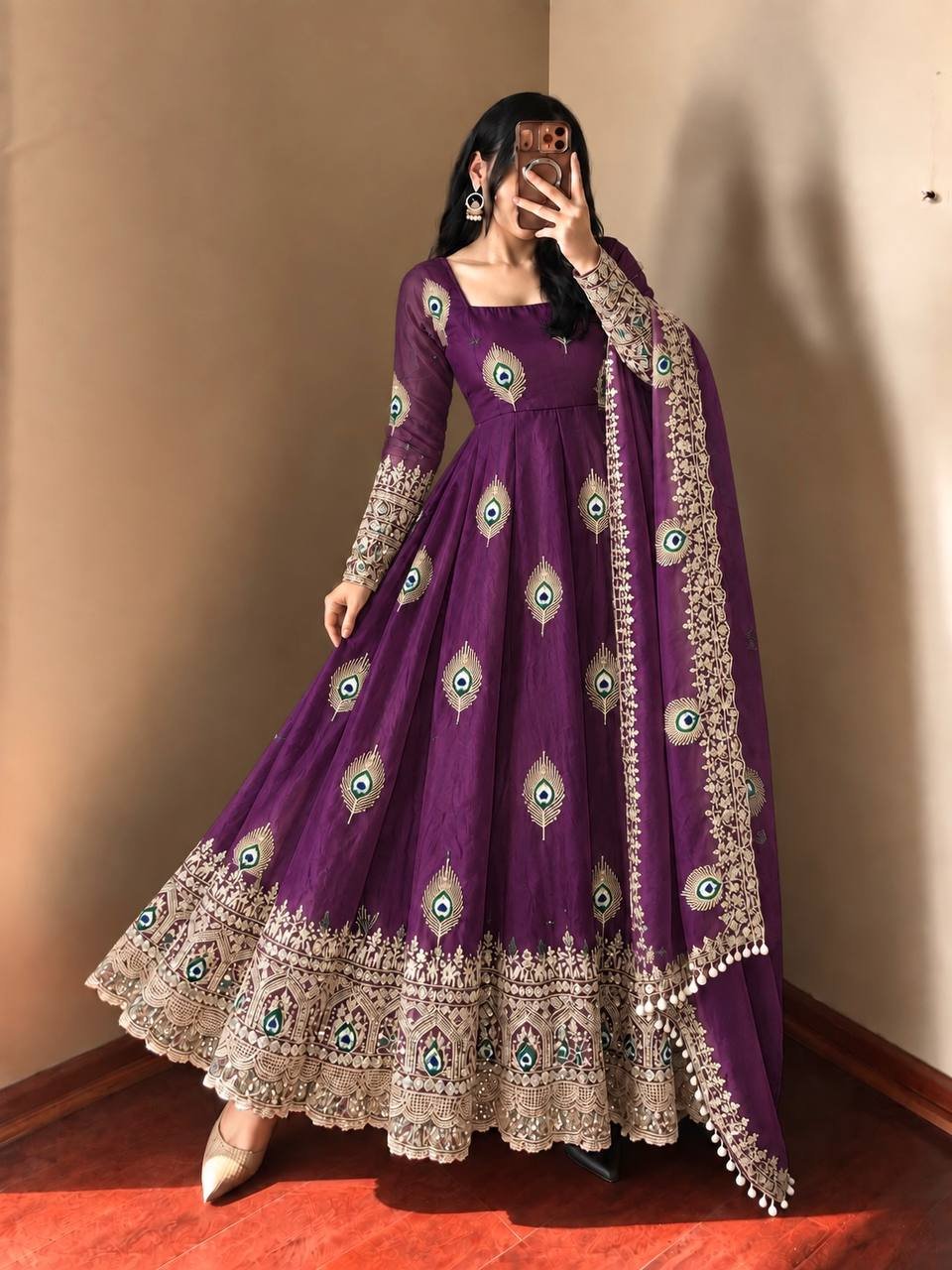 Royal Purple Peacock Anarkali Suit Set with Embroidered Dupatta