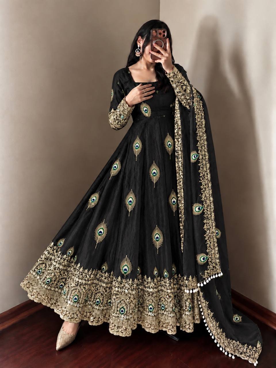 Royal Jet Black Peacock Anarkali Suit Set with Embroidered Dupatta - Image 5