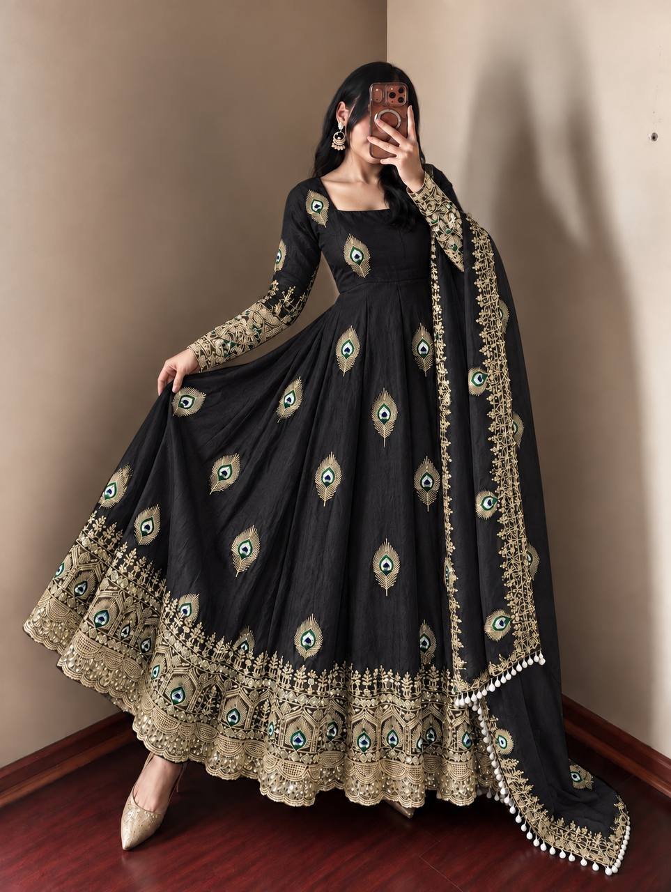 Royal Jet Black Peacock Anarkali Suit Set with Embroidered Dupatta - Image 4