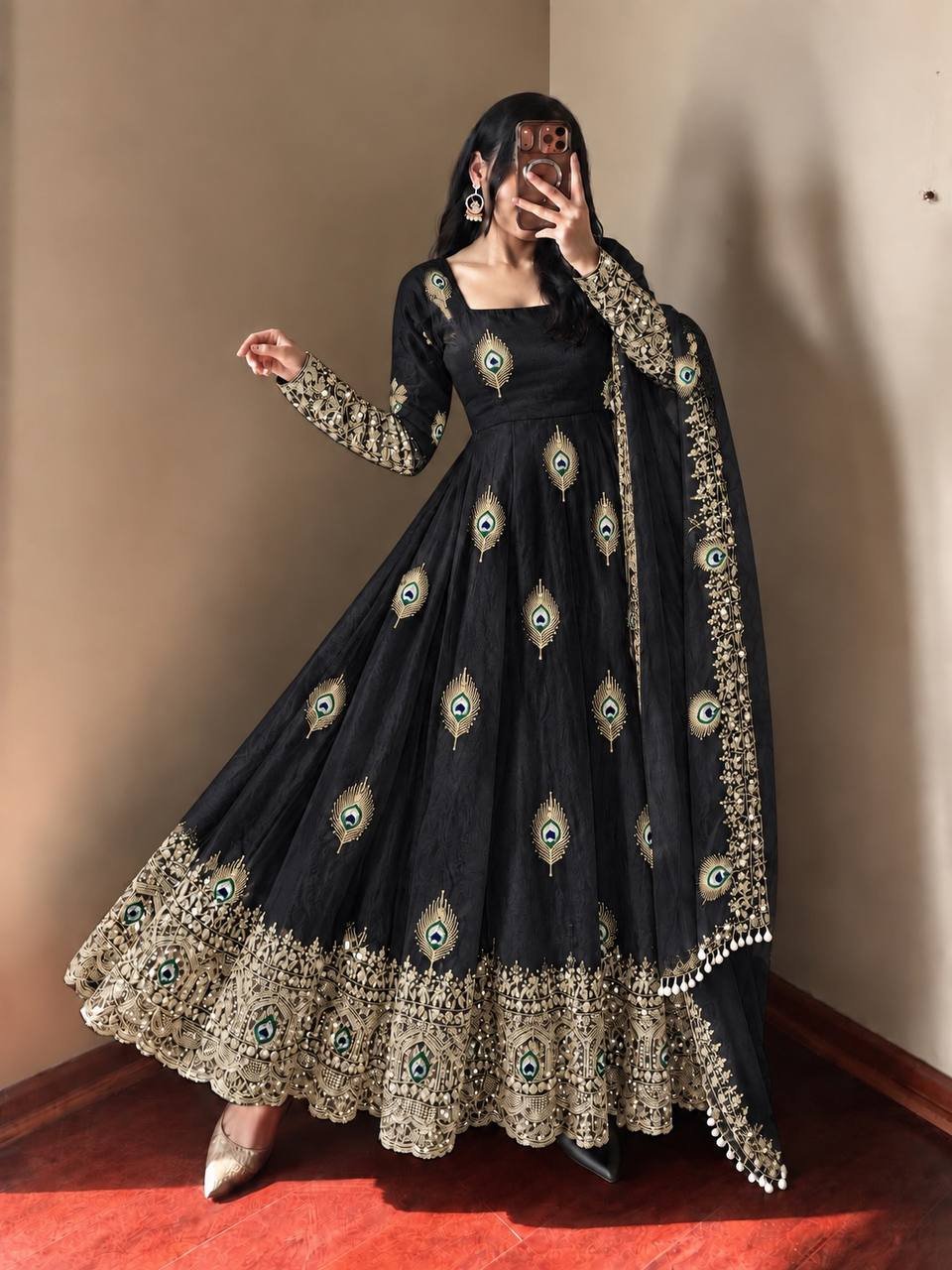 Royal Jet Black Peacock Anarkali Suit Set with Embroidered Dupatta - Image 3