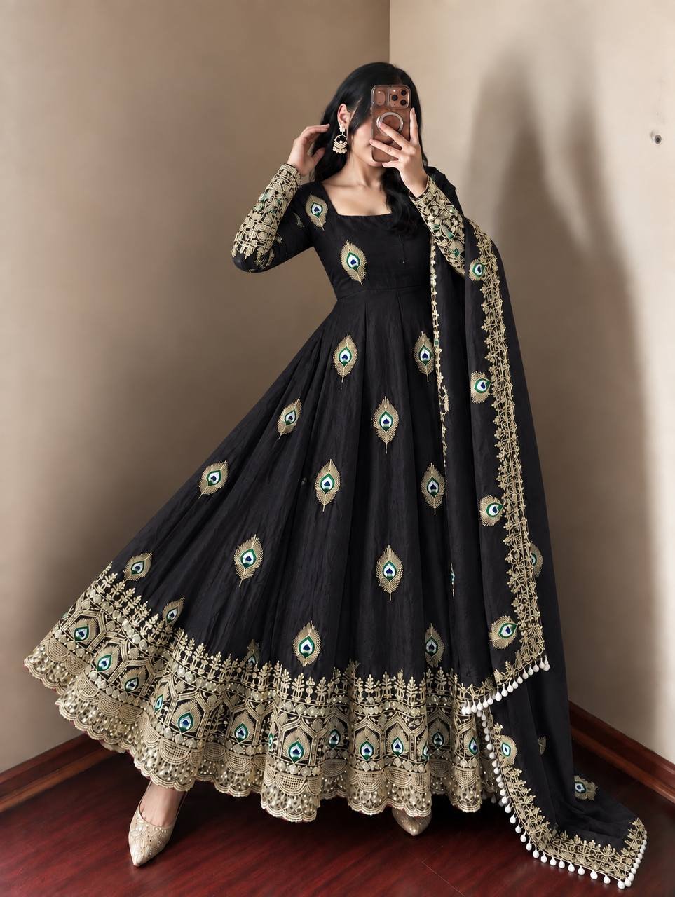 Royal Jet Black Peacock Anarkali Suit Set with Embroidered Dupatta - Image 2