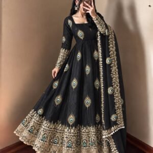Royal Jet Black Peacock Anarkali Suit Set with Embroidered Dupatta