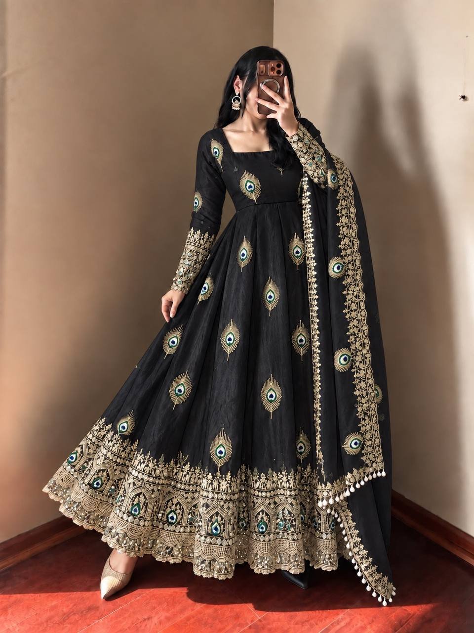 Royal Jet Black Peacock Anarkali Suit Set with Embroidered Dupatta