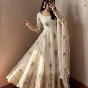 Pristine Off-White Peacock Anarkali Suit Set with Embroidered Dupatta